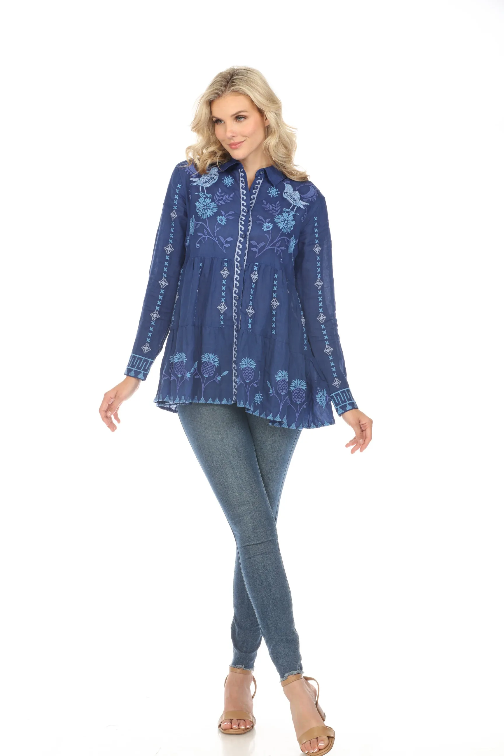 Johnny Was Workshop Midnight Blue Tarra Tiered Shirt Tunic Top Boho Chic W20024