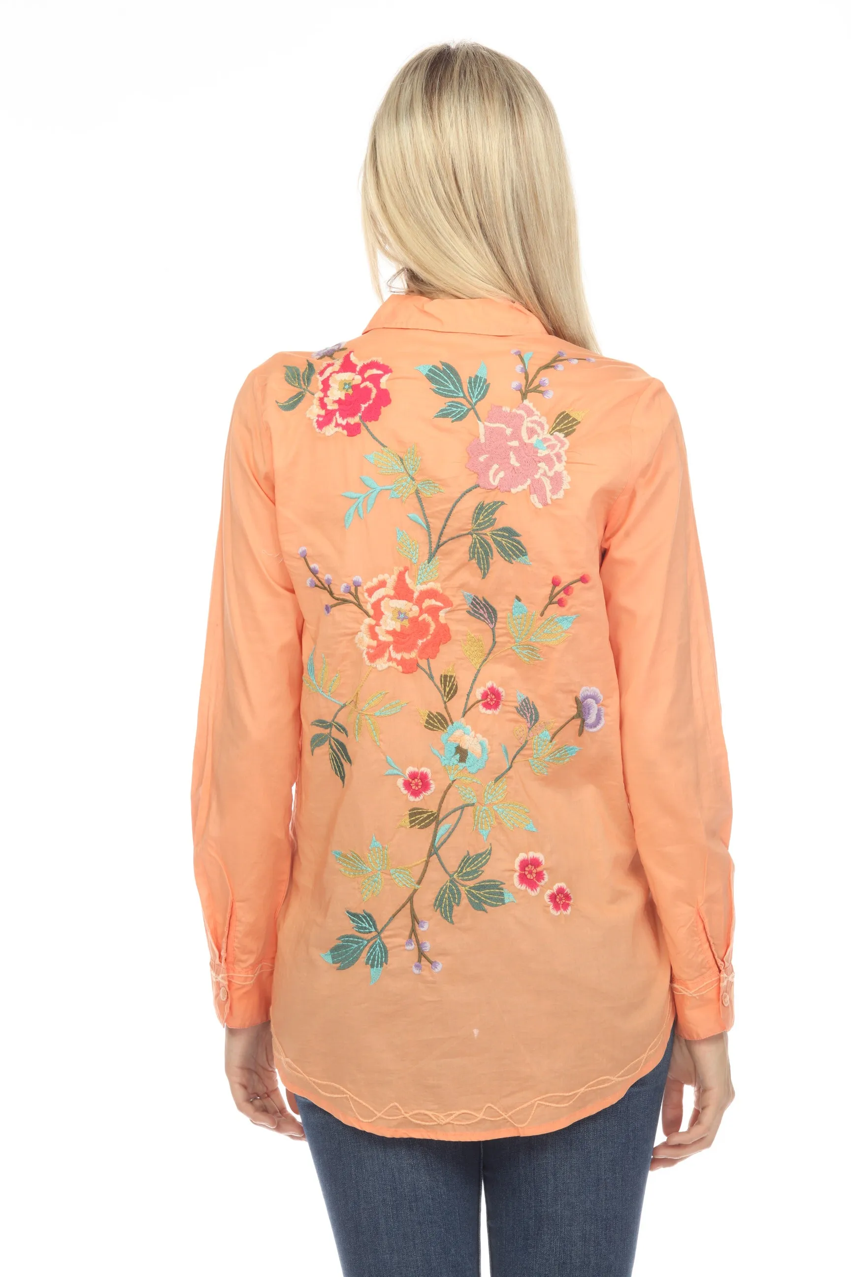 Johnny Was Workshop Orange Adele Embroidered Button-Down Shirt Boho Chic W11323