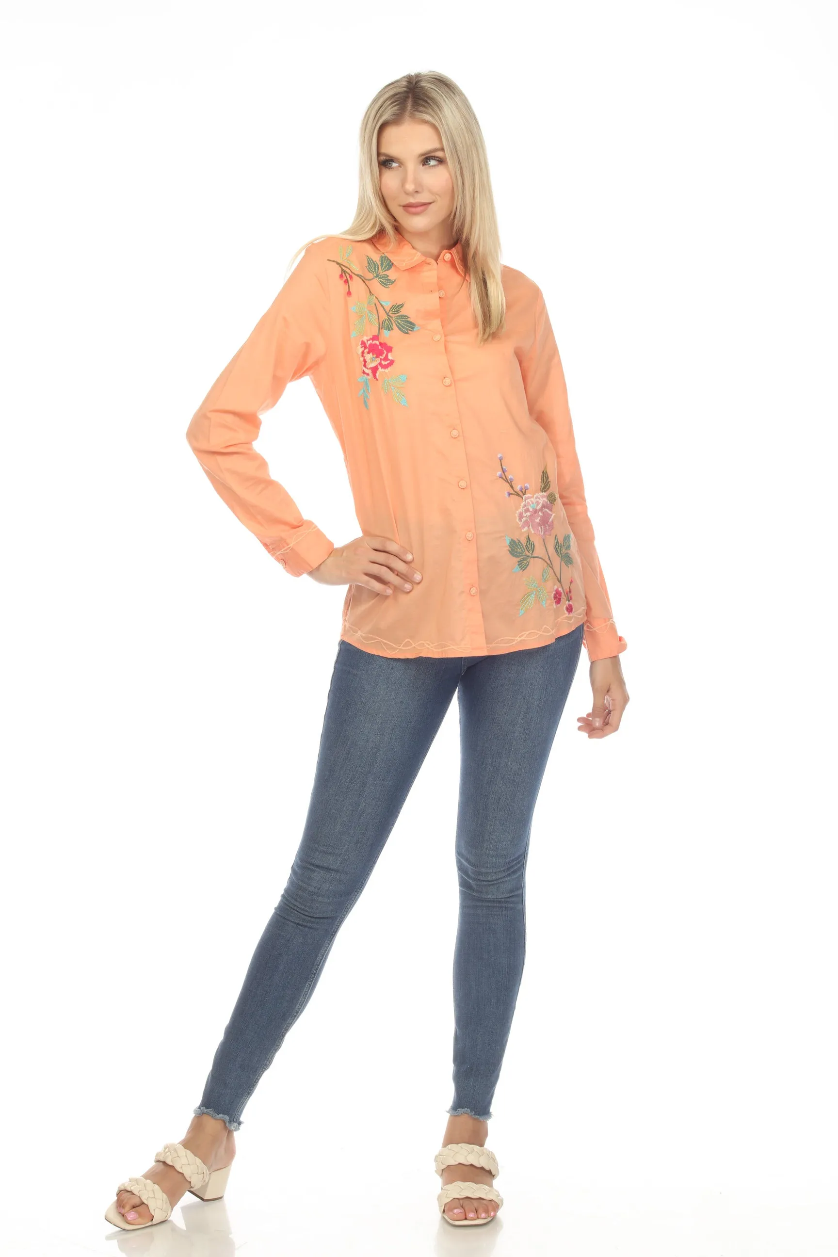 Johnny Was Workshop Orange Adele Embroidered Button-Down Shirt Boho Chic W11323