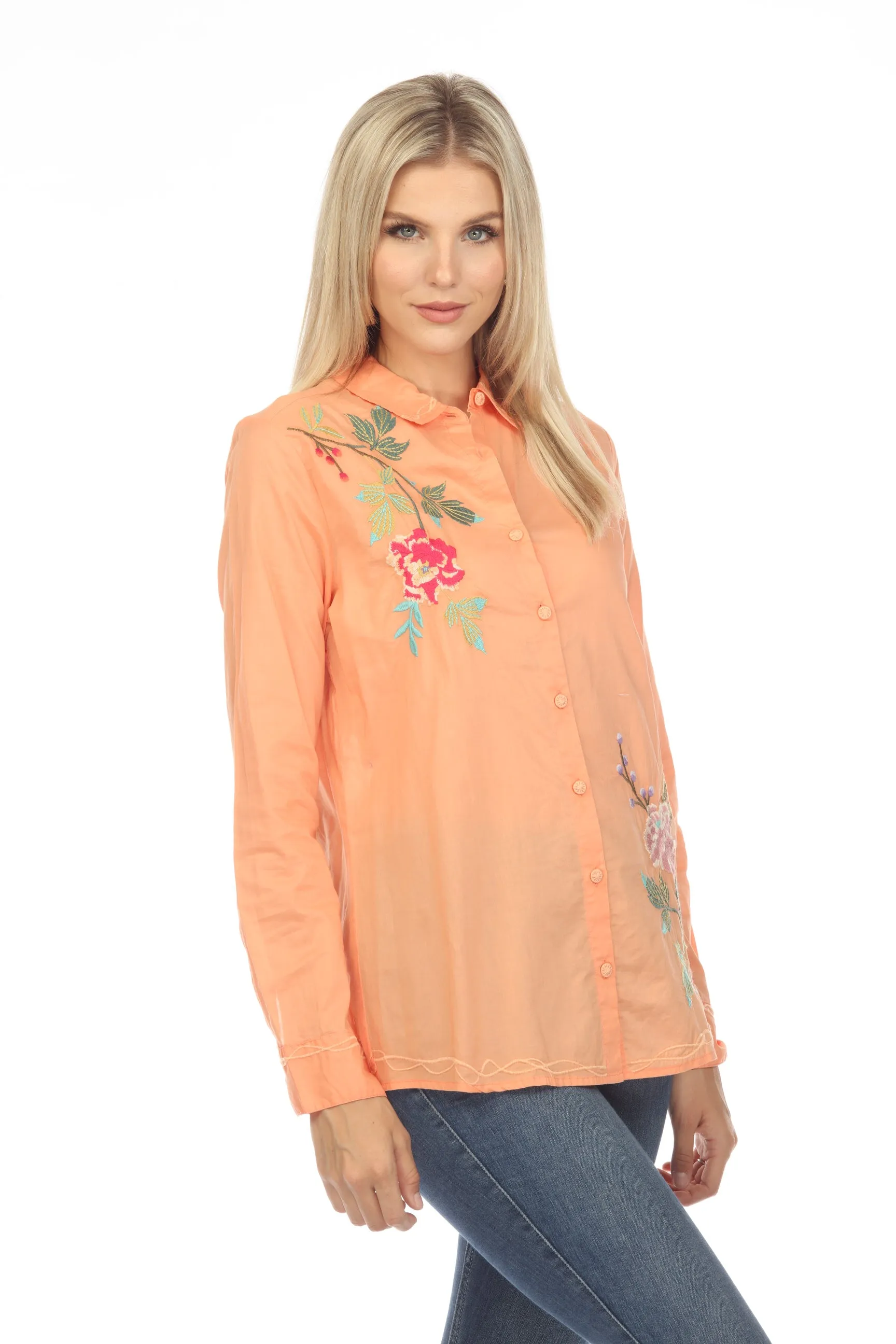 Johnny Was Workshop Orange Adele Embroidered Button-Down Shirt Boho Chic W11323