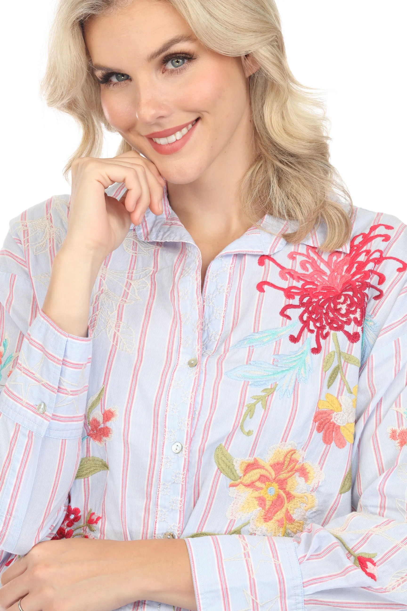 Johnny Was Workshop Stripe Malory Relaxed Seamed Shirt Boho Chic W10624