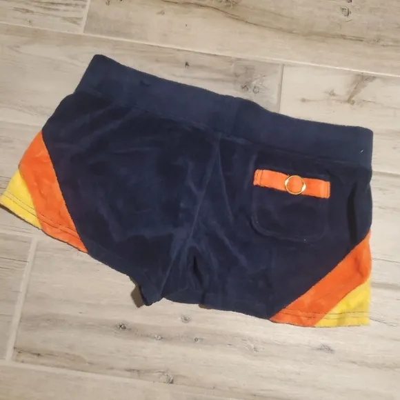 Juicy Couture Y2K Navy Orange Yellow Terry Shorts Medium Retro Drawstring