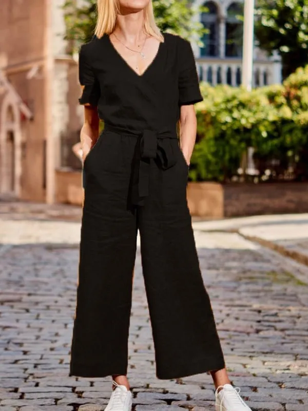 Jumpsuits Loose Solid Pocket Short Sleeve Jumpsuit for Women