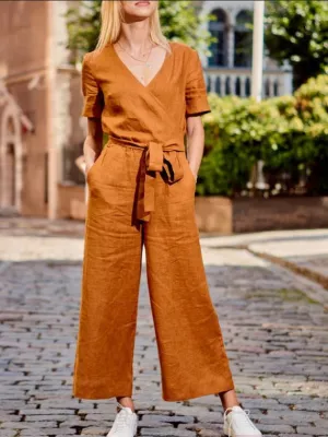 Jumpsuits Loose Solid Pocket Short Sleeve Jumpsuit for Women