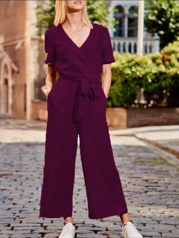 Jumpsuits Loose Solid Pocket Short Sleeve Jumpsuit for Women