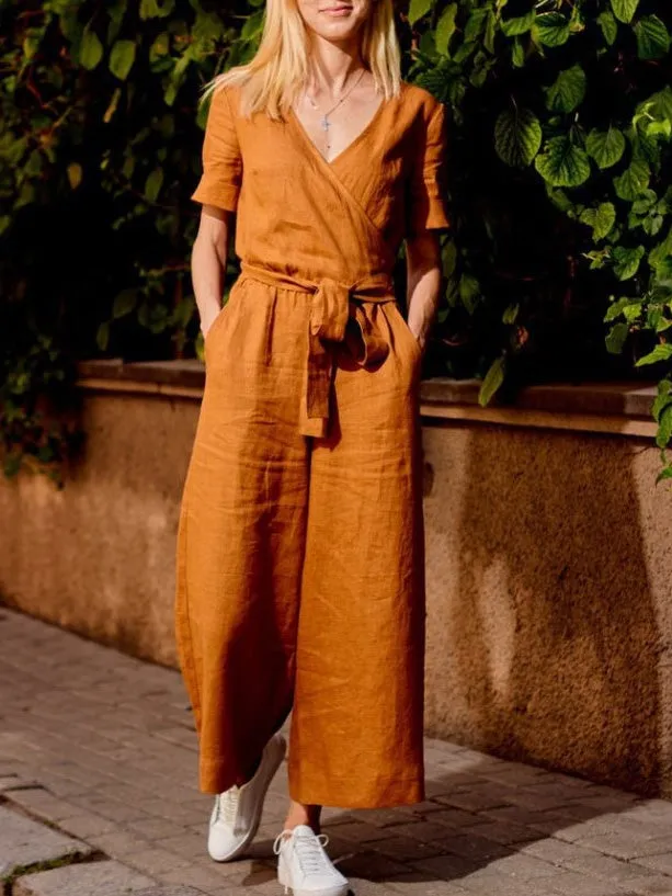 Jumpsuits Loose Solid Pocket Short Sleeve Jumpsuit for Women