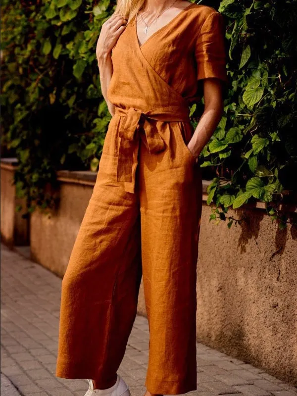 Jumpsuits Loose Solid Pocket Short Sleeve Jumpsuit for Women