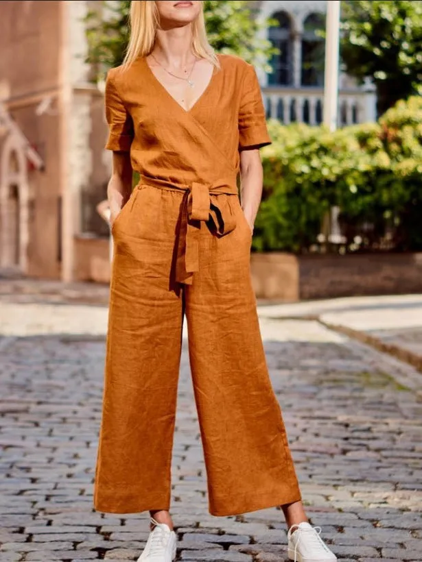 Jumpsuits Loose Solid Pocket Short Sleeve Jumpsuit for Women