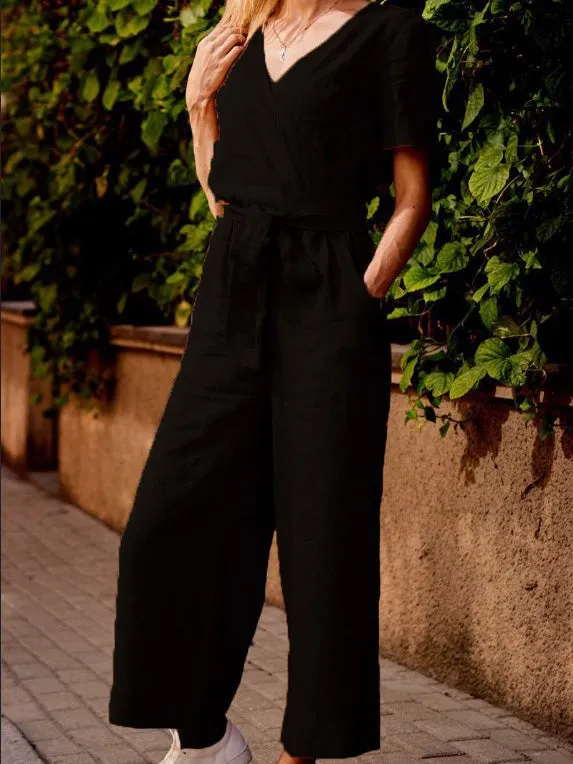 Jumpsuits Loose Solid Pocket Short Sleeve Jumpsuit for Women