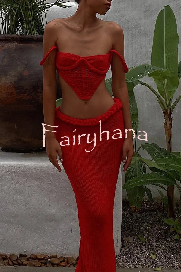 Kala Crochet Knit Braid Waist Slit Stretch Maxi Skirt