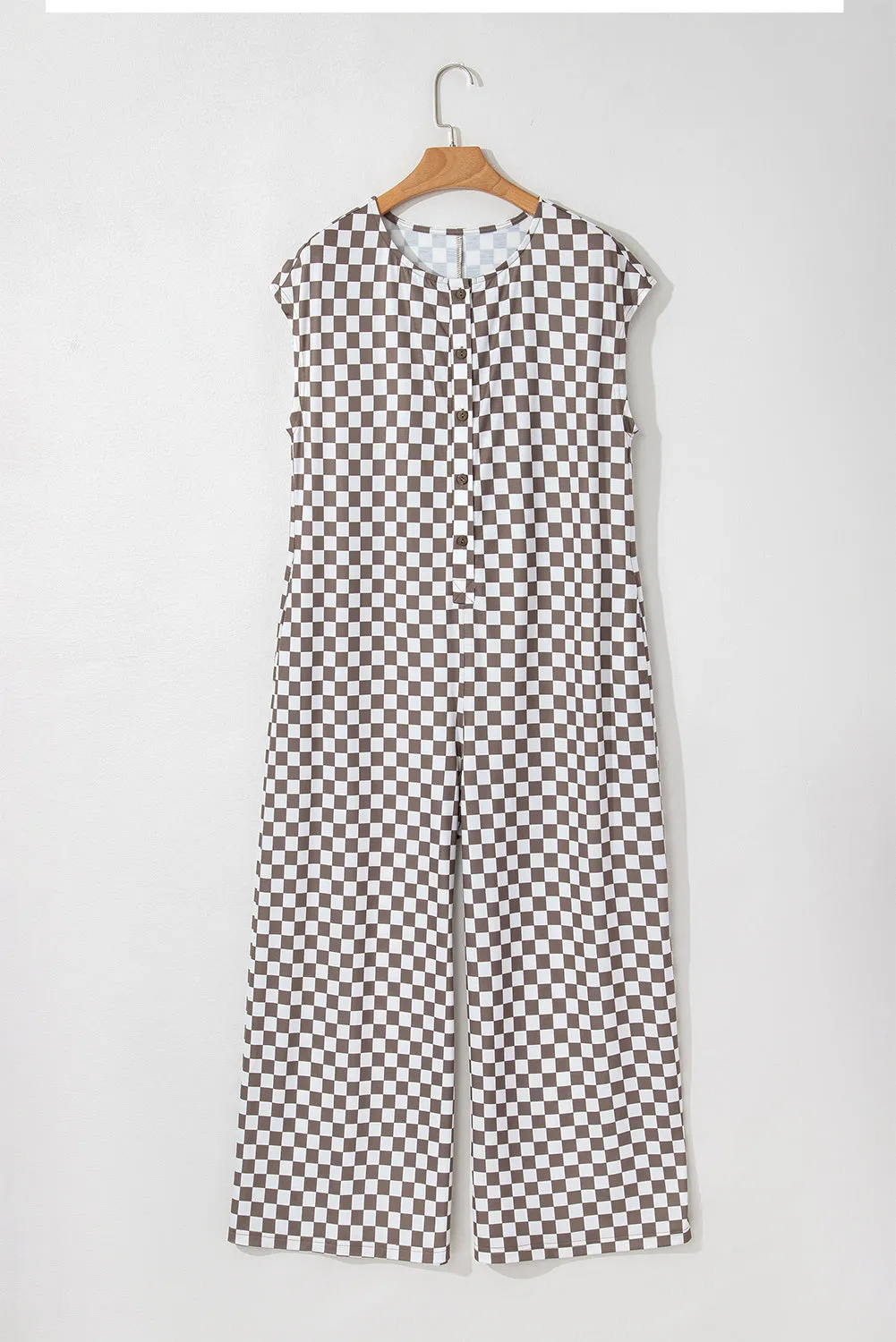 Khaki Checkered Print Buttoned Crew Neck Wide Leg Jumpsuit