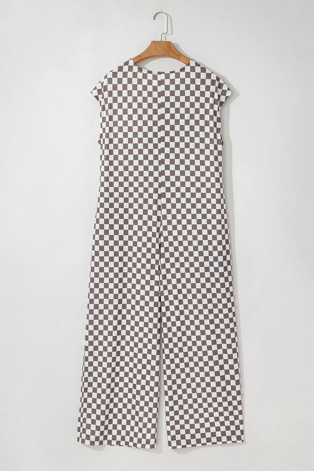 Khaki Checkered Print Buttoned Crew Neck Wide Leg Jumpsuit