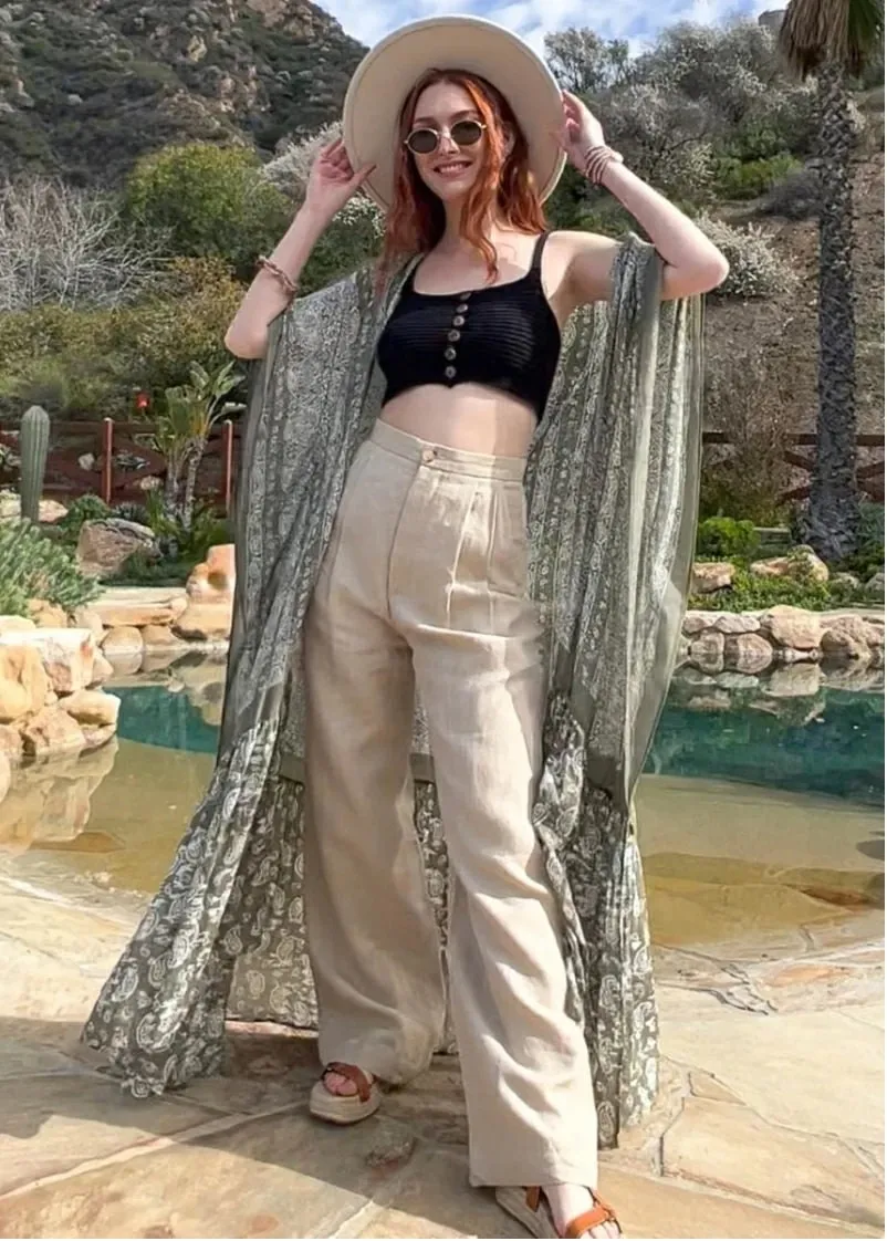 Kimono Cardigan with Bohemian Accent Paisley Pattern Ruffle Hem Long Cover Up Olive Green for Spring summer