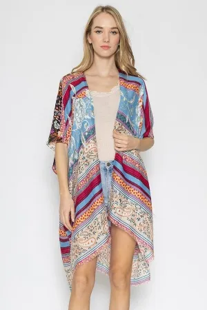 Kimono Cardigan with Bohemian Outfit Aztec Print Dark Pink Blue Beach Cover Up Tie Dye Watercolor Print for Spring summer