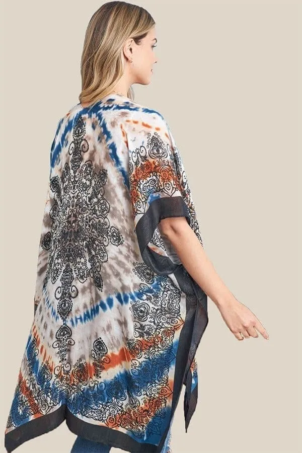 Kimono Cardigan with Bohemian Pastel Orange Aqua Damask Print Duster Lightweight Jacket for Spring summer