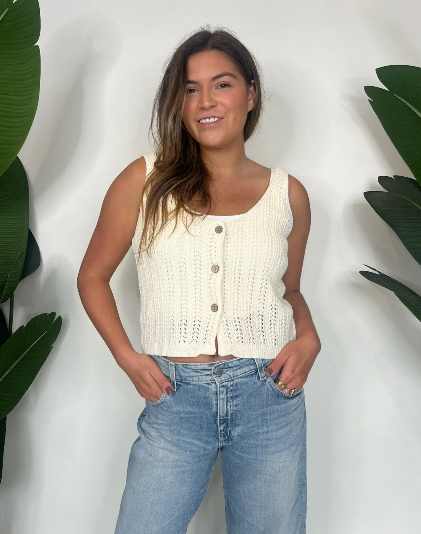 KLD Sleeveless Button Front Knit Vest Natural