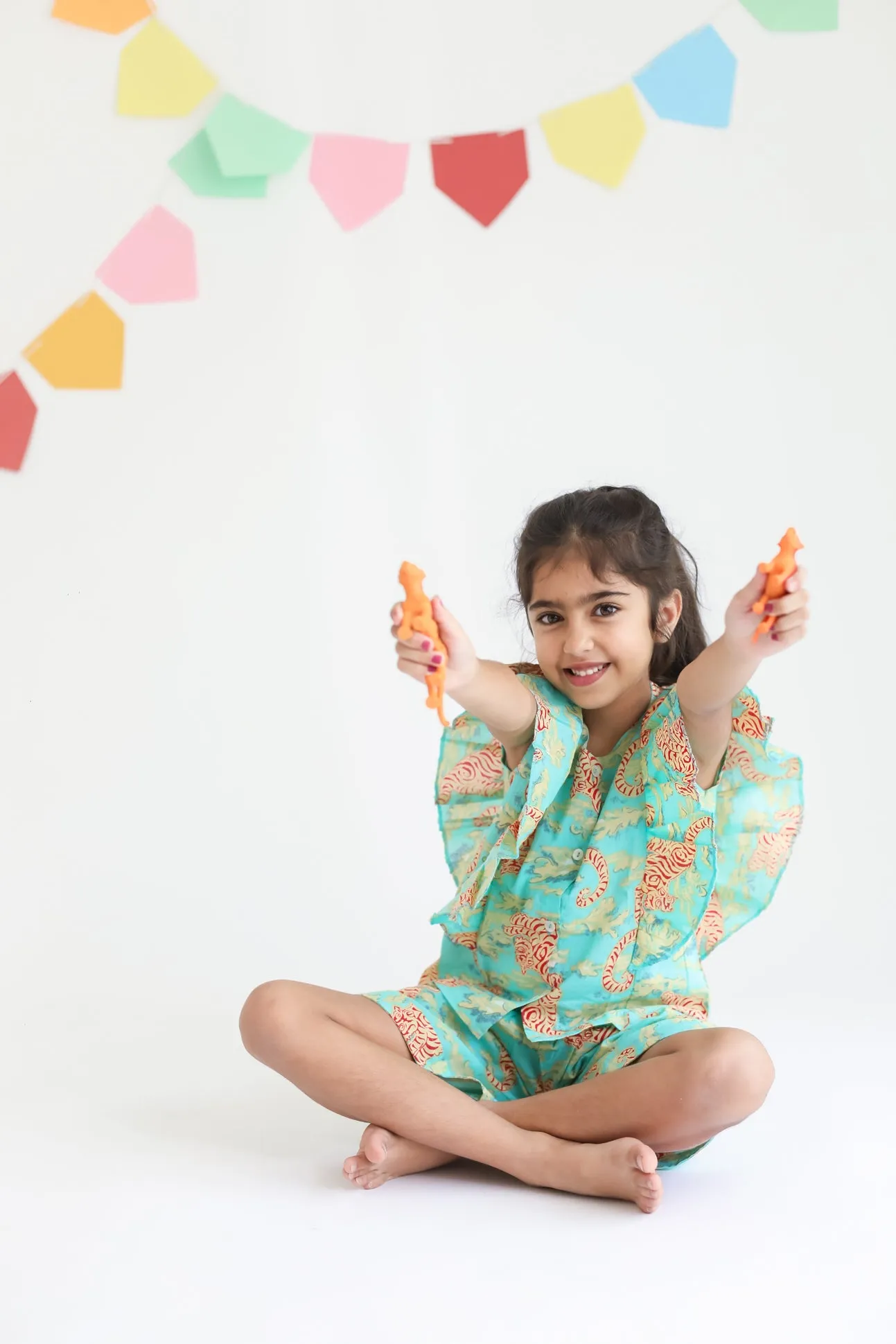 Klingaru Frill Top and Shorts Set - Green Red Tiger