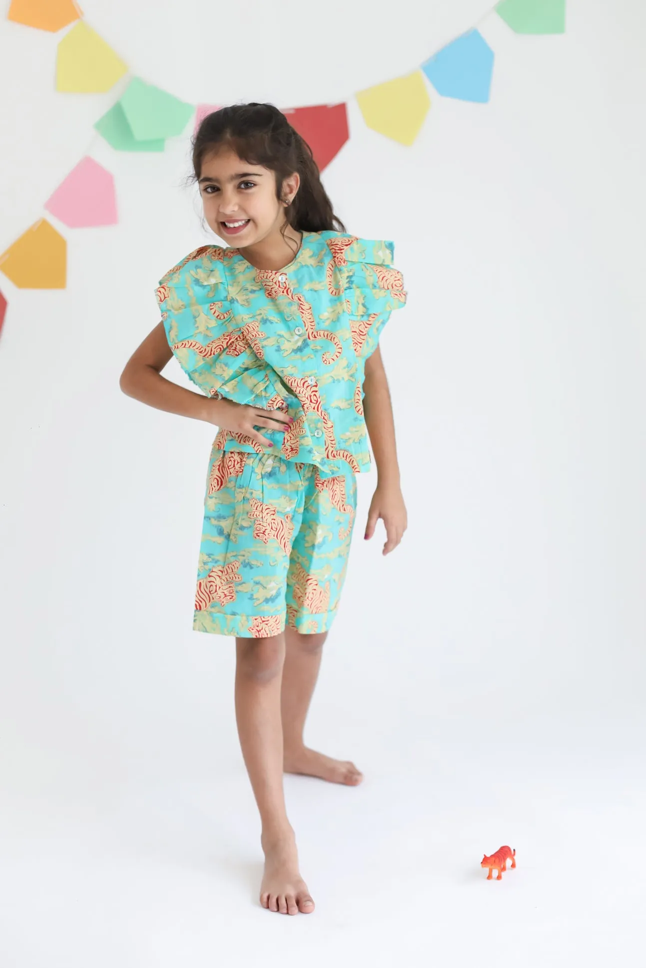 Klingaru Frill Top and Shorts Set - Green Red Tiger