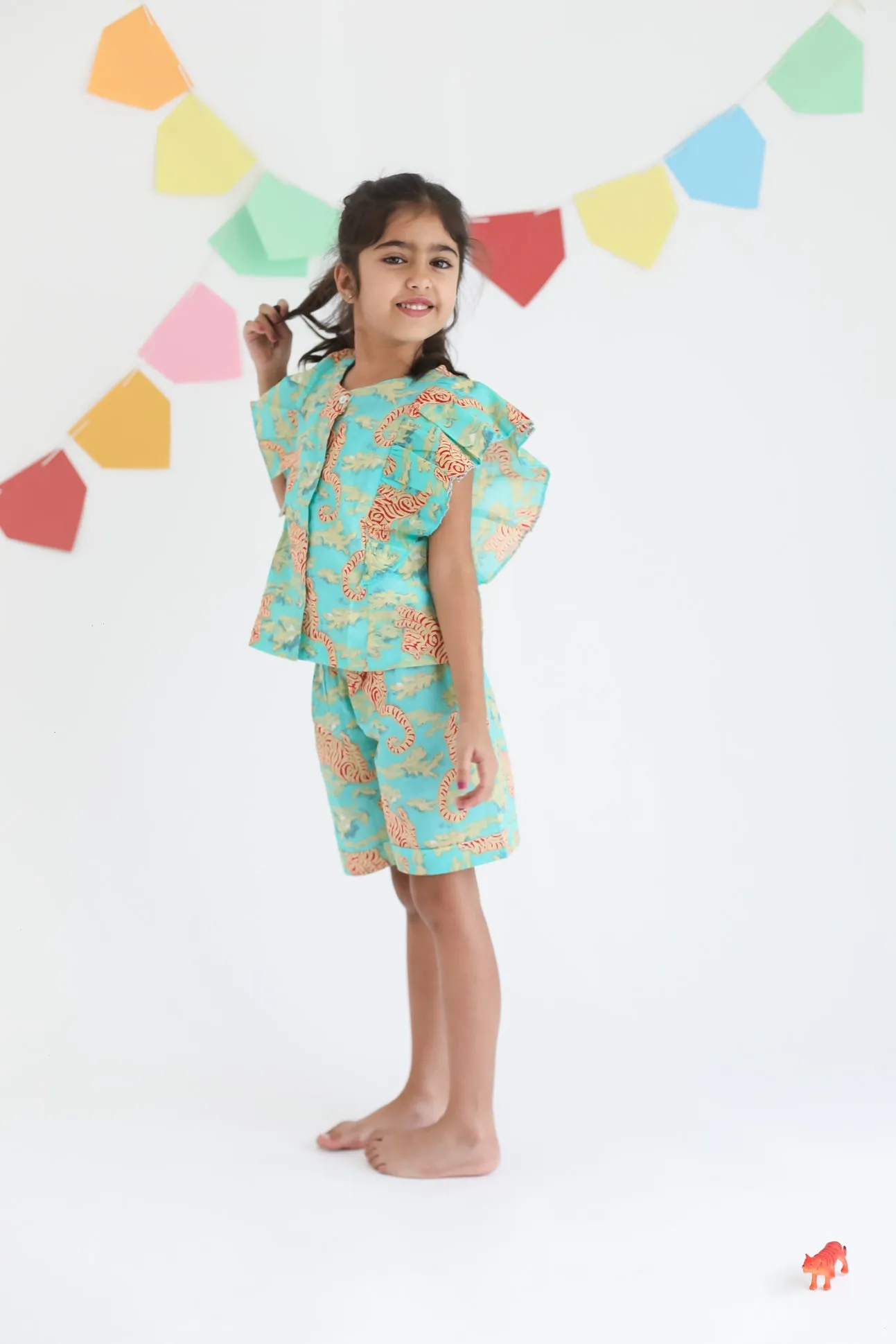 Klingaru Frill Top and Shorts Set - Green Red Tiger