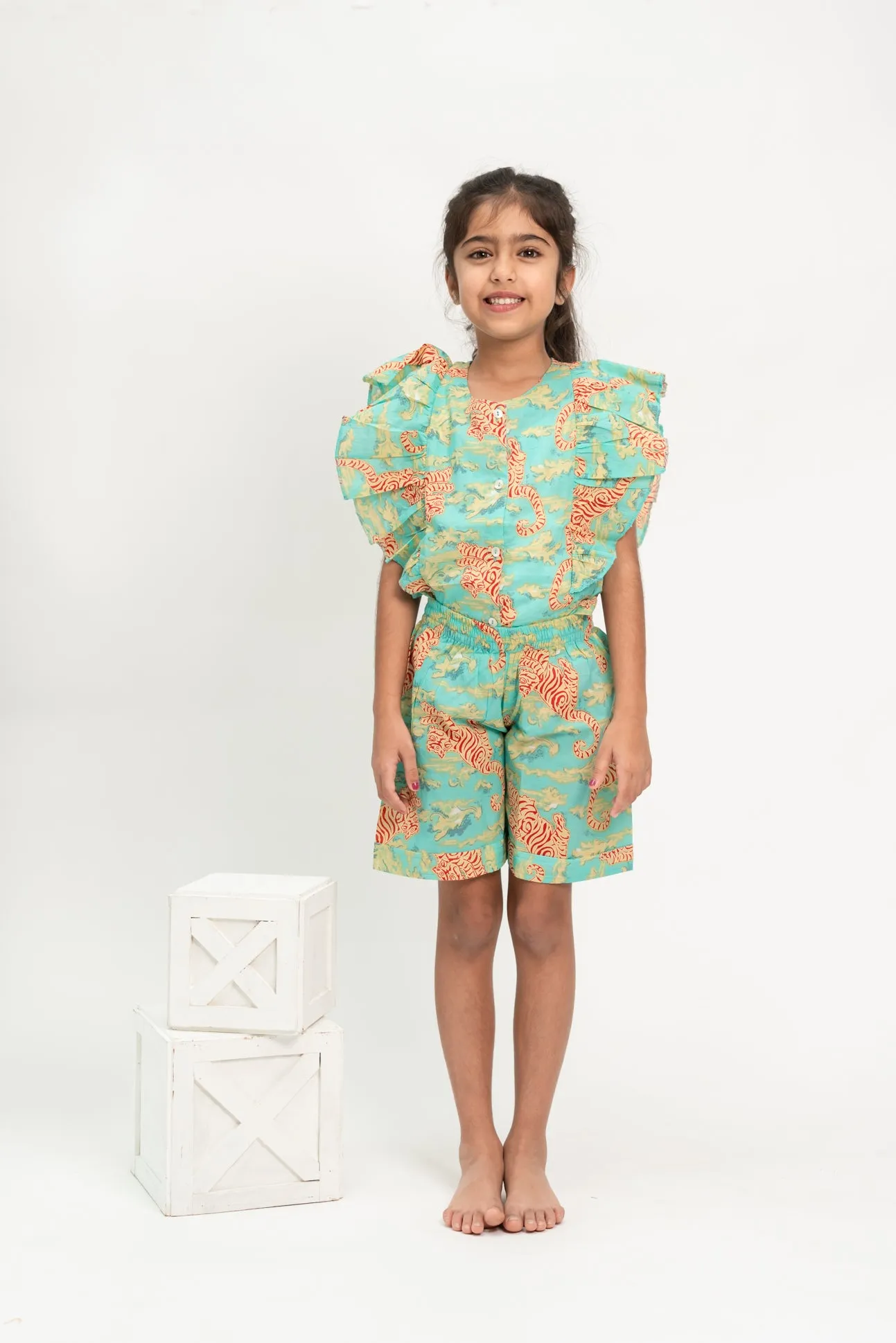 Klingaru Frill Top and Shorts Set - Green Red Tiger