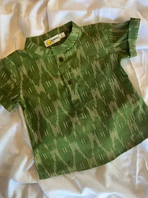Klingaru Short Kurta - Olive Green in Ikat  ( Last Piece size-6-12 Months )