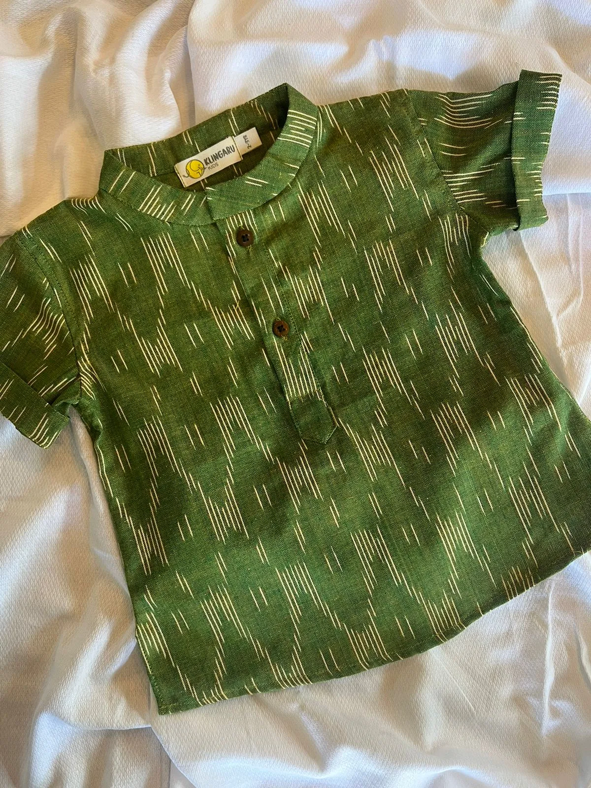 Klingaru Short Kurta - Olive Green in Ikat  ( Last Piece size-6-12 Months )