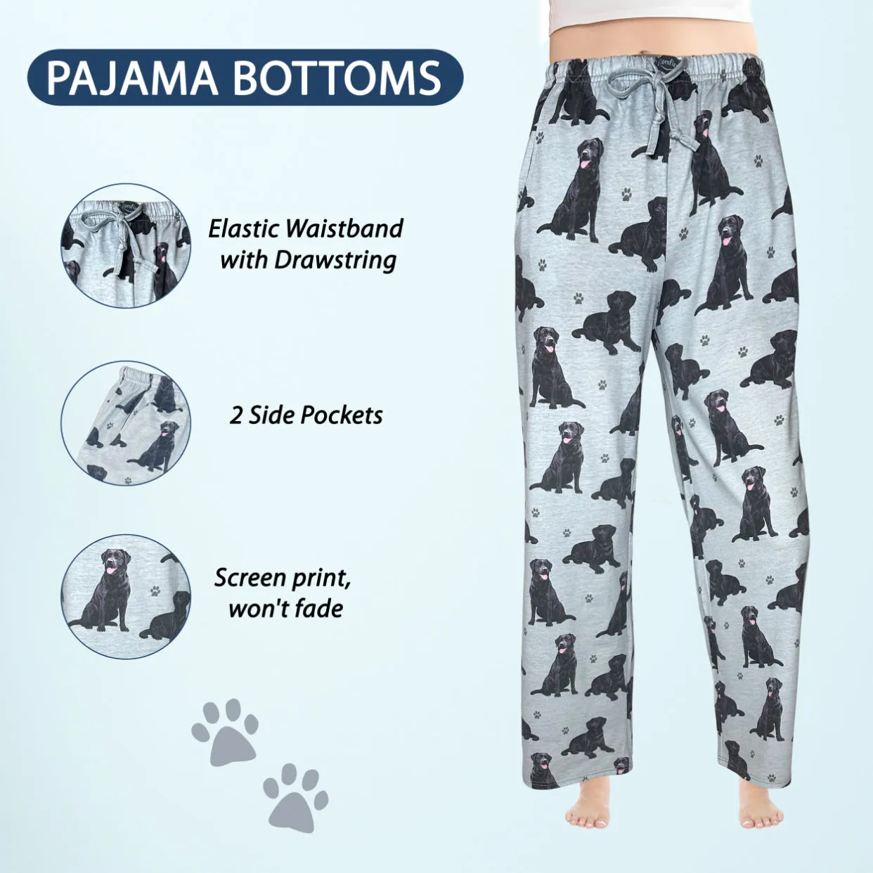Labrador Black Pajama Bottoms - Unisex Cotton Blend PJs