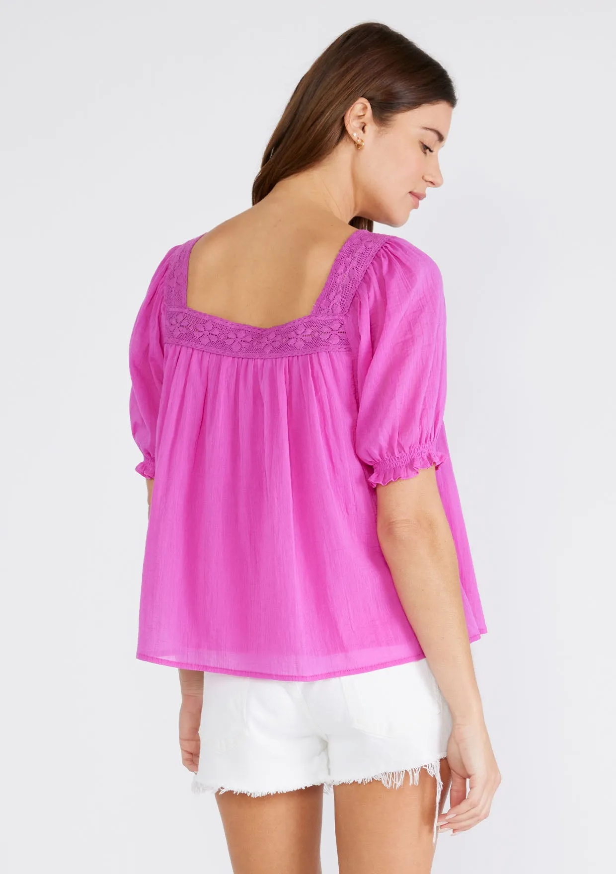 Lace Trim Square Neck Puff Sleeve Blouse
