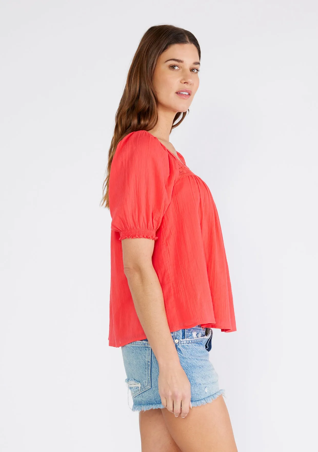 Lace Trim Square Neck Puff Sleeve Blouse