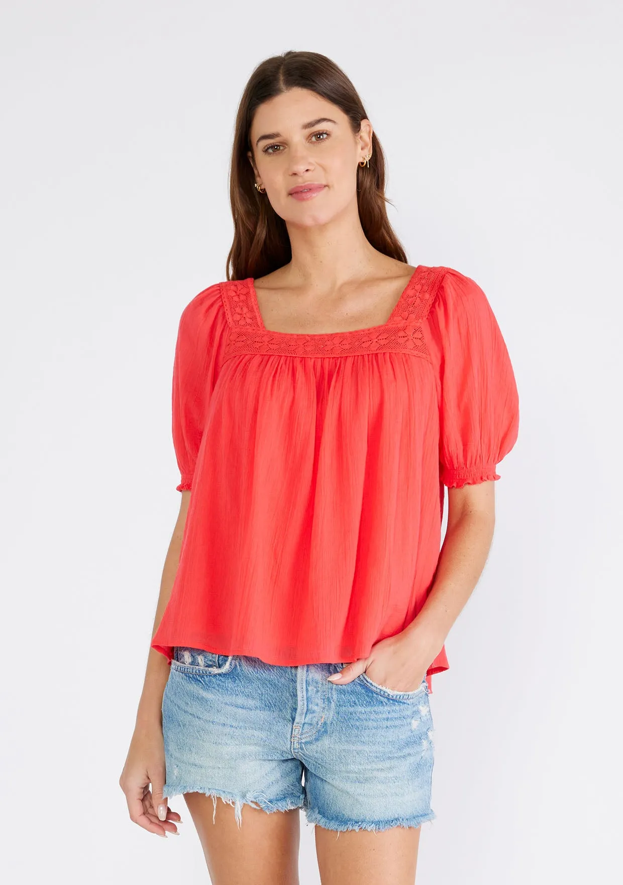 Lace Trim Square Neck Puff Sleeve Blouse