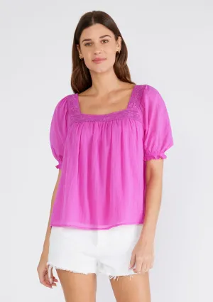 Lace Trim Square Neck Puff Sleeve Blouse