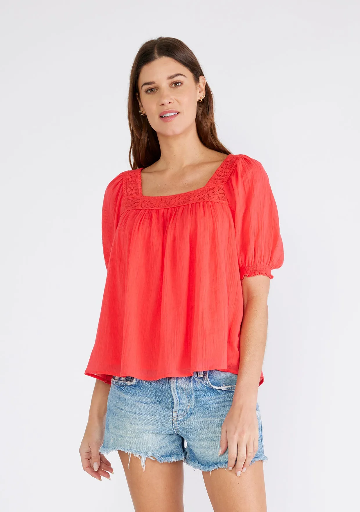 Lace Trim Square Neck Puff Sleeve Blouse