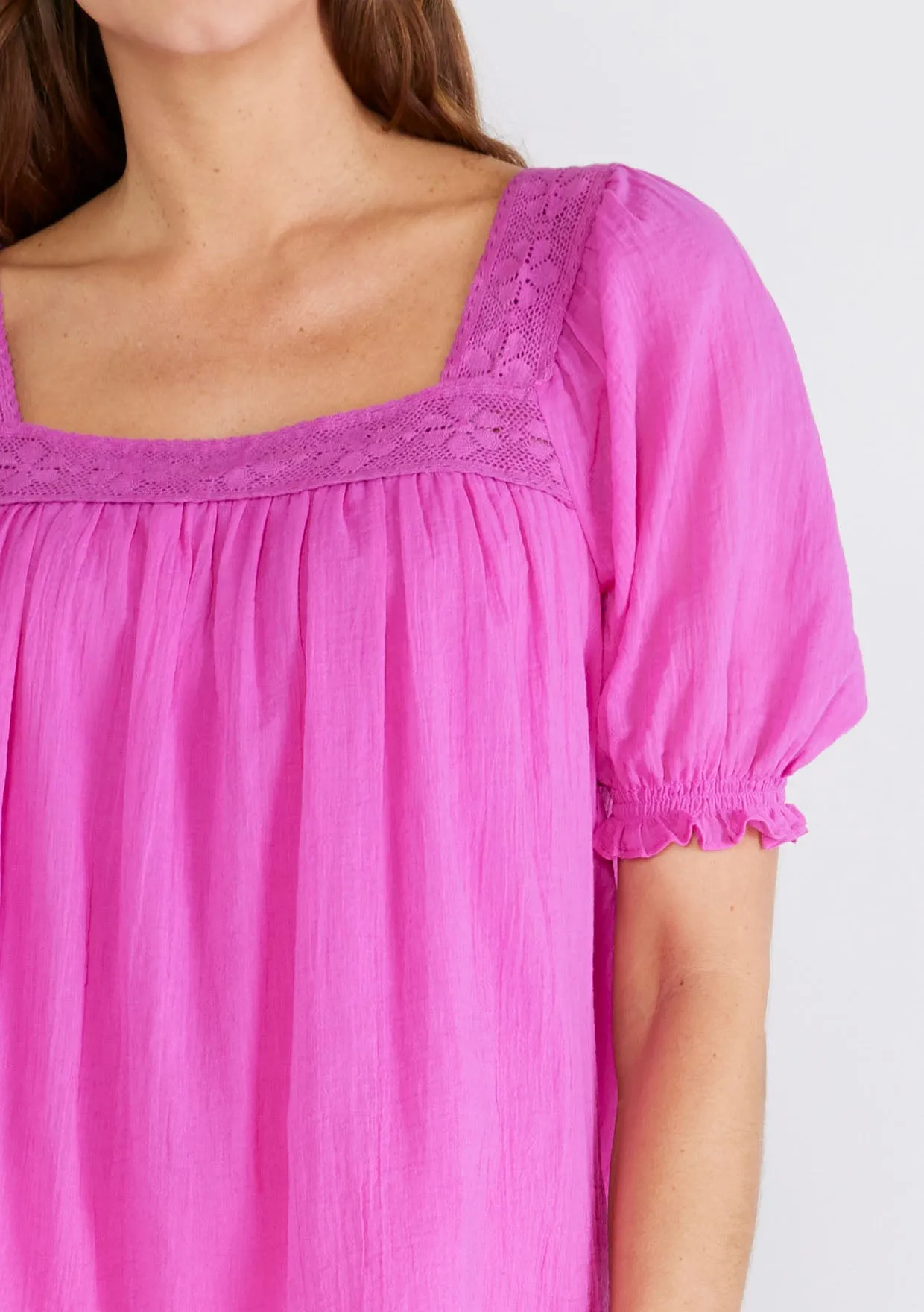 Lace Trim Square Neck Puff Sleeve Blouse