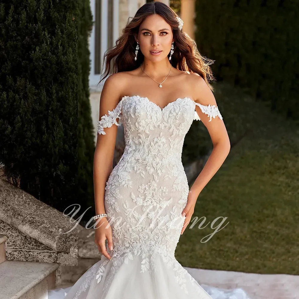 Lace Wedding Dress Trumpet Tulle Sweetheart Off Shoulder Bride Gown Backless