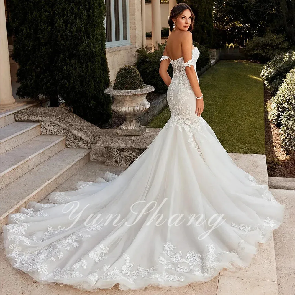 Lace Wedding Dress Trumpet Tulle Sweetheart Off Shoulder Bride Gown Backless