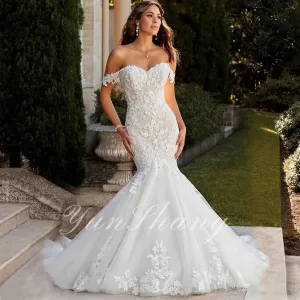 Lace Wedding Dress Trumpet Tulle Sweetheart Off Shoulder Bride Gown Backless