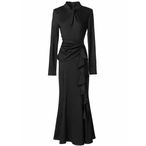 Lani Long Sleeve Ruffles Solid Color Vintage Mermaid Dress