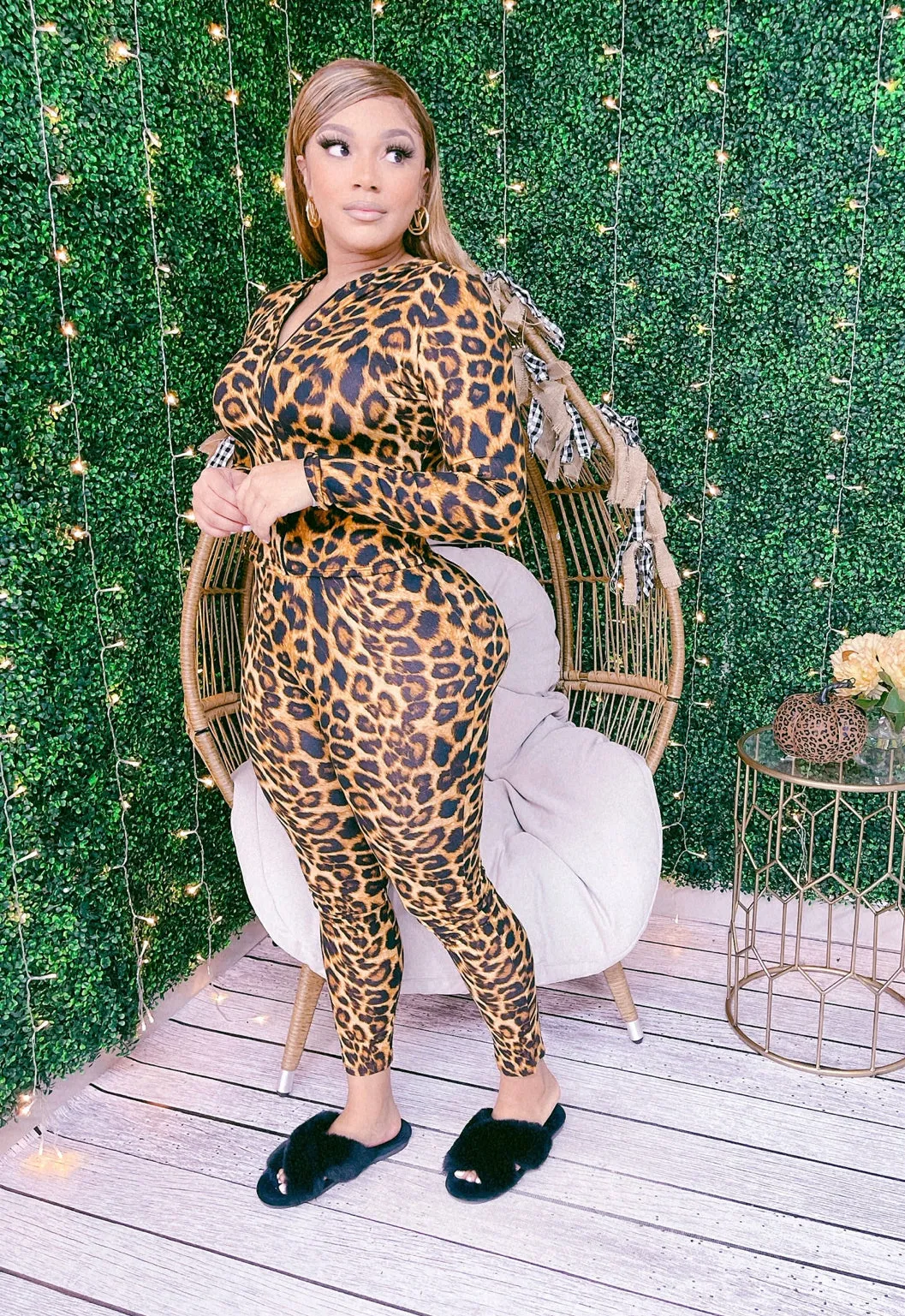 LEOPARD ZIP UP HOODIE TOP & PANTS SET
