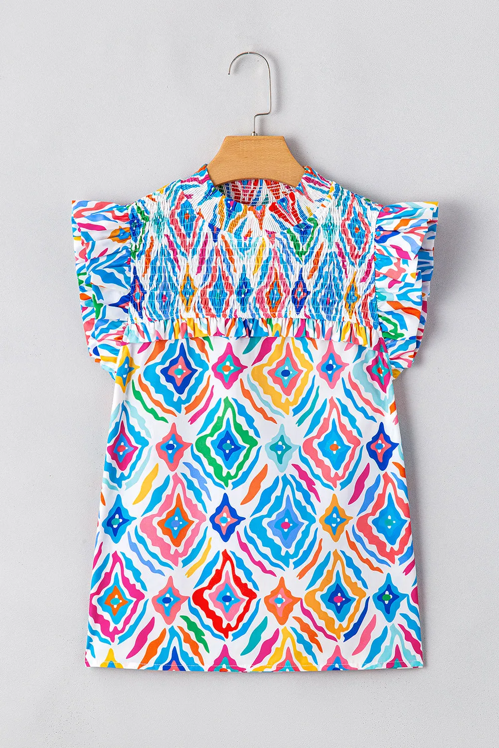 Light Blue Geometric Printed Flutter Sleeve Mock Neck Shirred Blouse