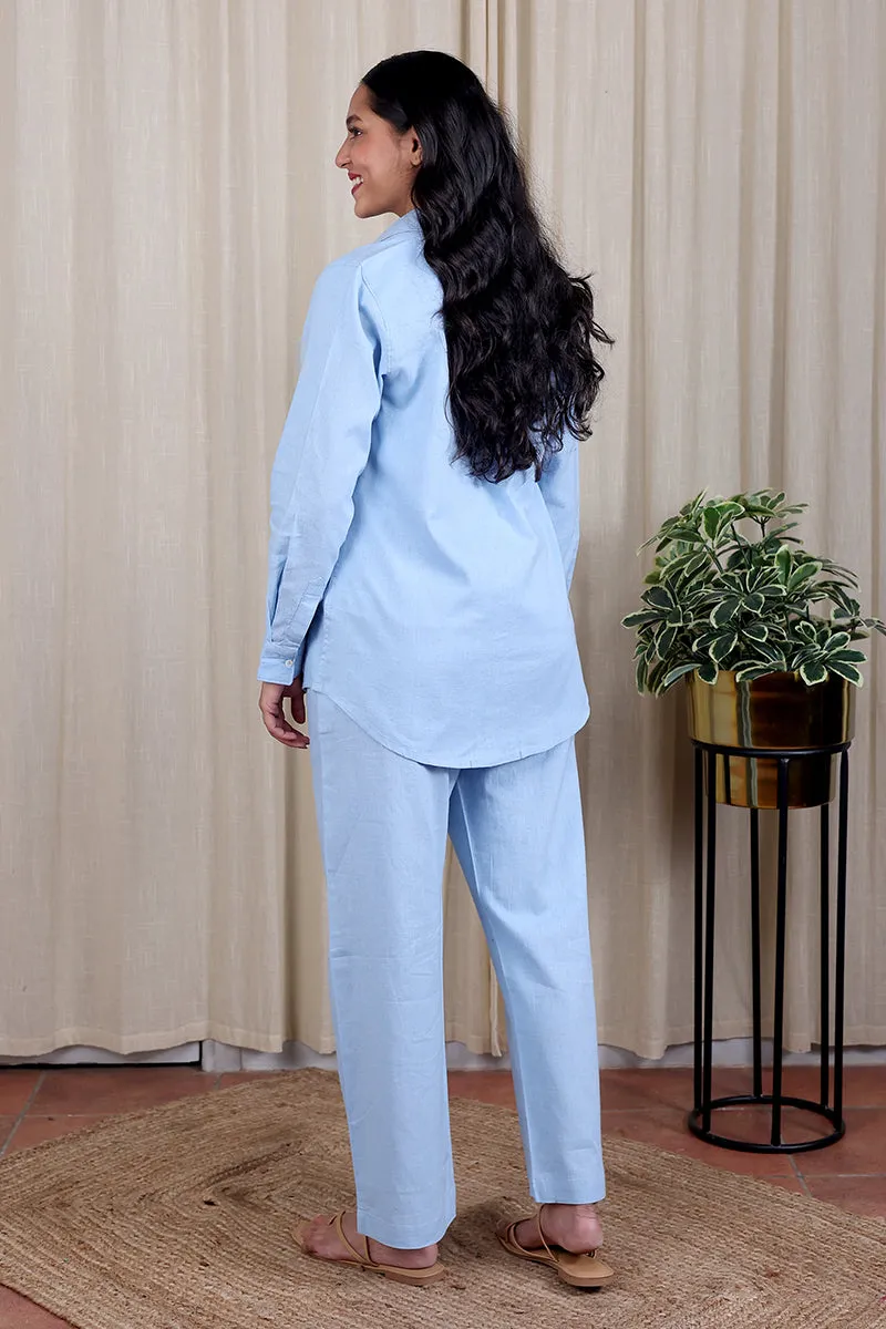 Light Blue Hand Dyed Cotton Linen Women Shirt Long Sleeves WSHLS082411