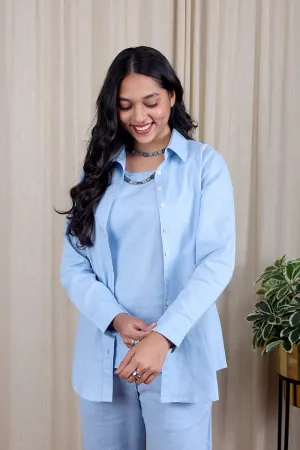 Light Blue Hand Dyed Cotton Linen Women Shirt Long Sleeves WSHLS082411