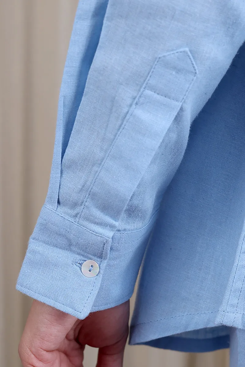 Light Blue Hand Dyed Cotton Linen Women Shirt Long Sleeves WSHLS082411