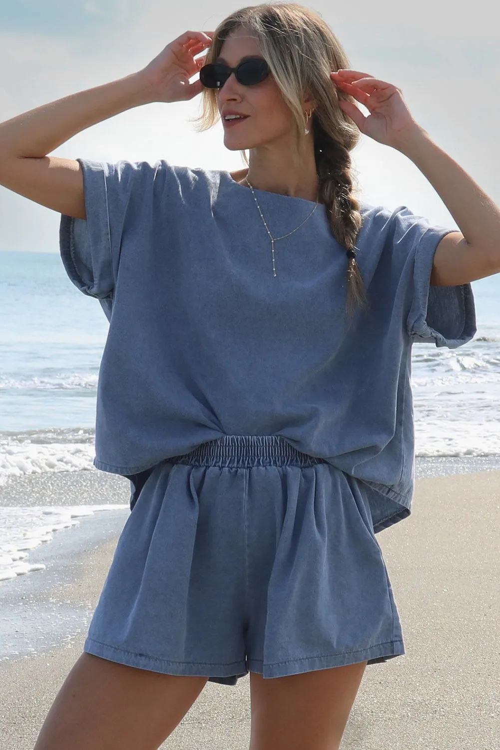 Light Blue Short Relaxed Denim Two-piece Set