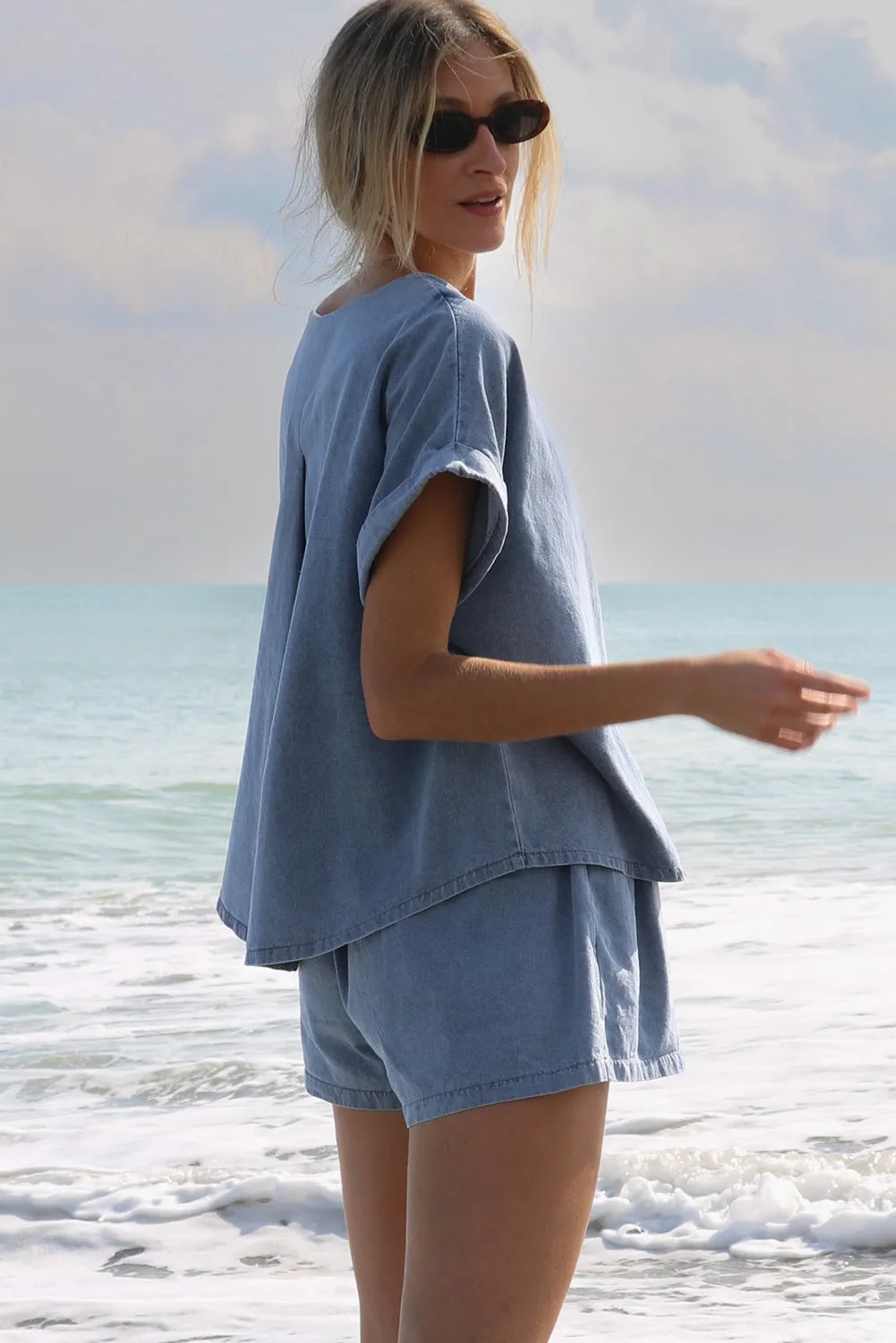 Light Blue Short Relaxed Denim Two-piece Set