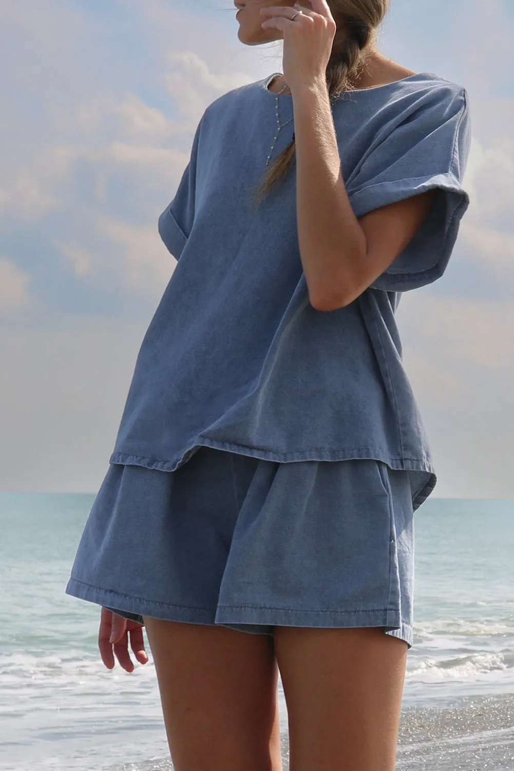 Light Blue Short Relaxed Denim Two-piece Set