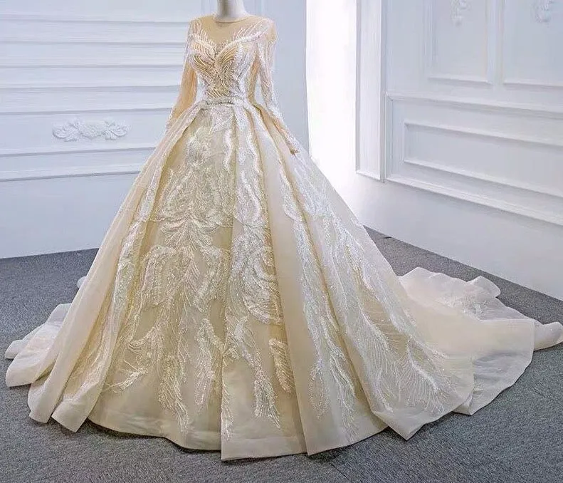 Light Champagne Beading Dubai Winter Composite Lace High-end Wedding Dress 2020 Sexy Luxury Sparkle Bridal Gown Real Photos