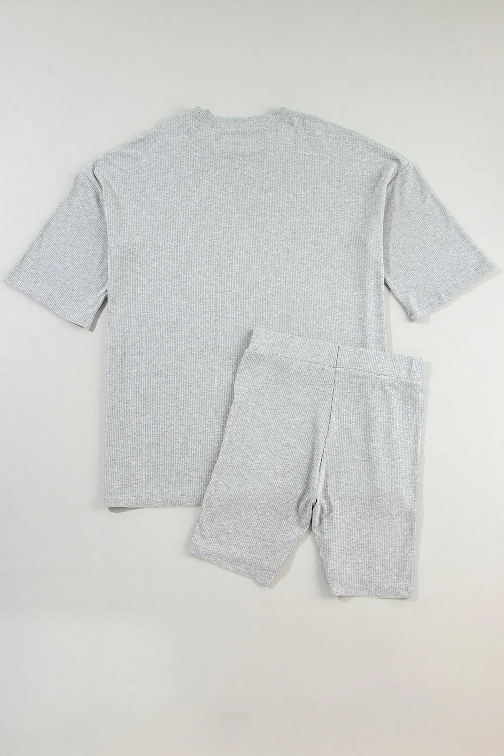 Light Grey Solid Color Loose Tunic Top and Slim Shorts Set