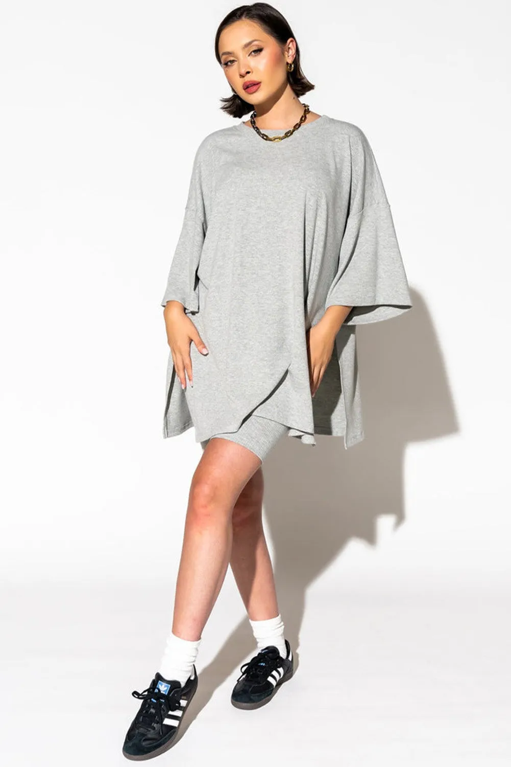 Light Grey Solid Color Loose Tunic Top and Slim Shorts Set