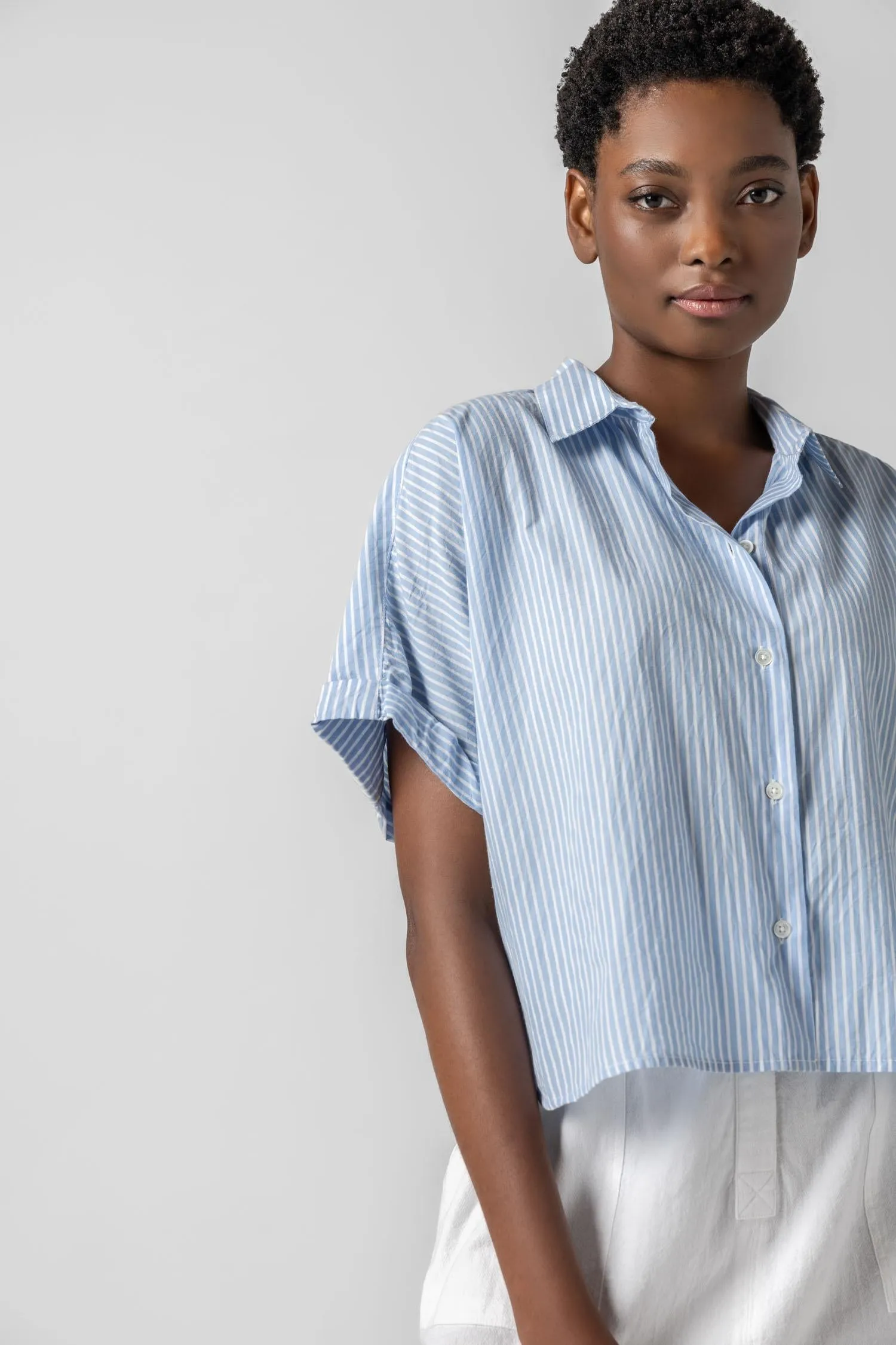 Lilla P Striped Boxy Button Down Top