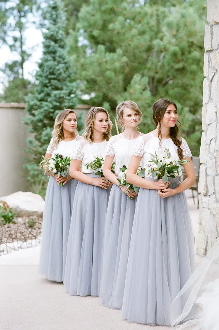 Long A-Line Tulle Bridesmaid Dress, Cheap Short Sleeve Bridesmaid Dress, D946